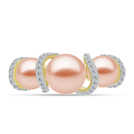 Anillo de Plata Bañada en Oro con Perla de agua dulce melocotón y Topacio Blanco