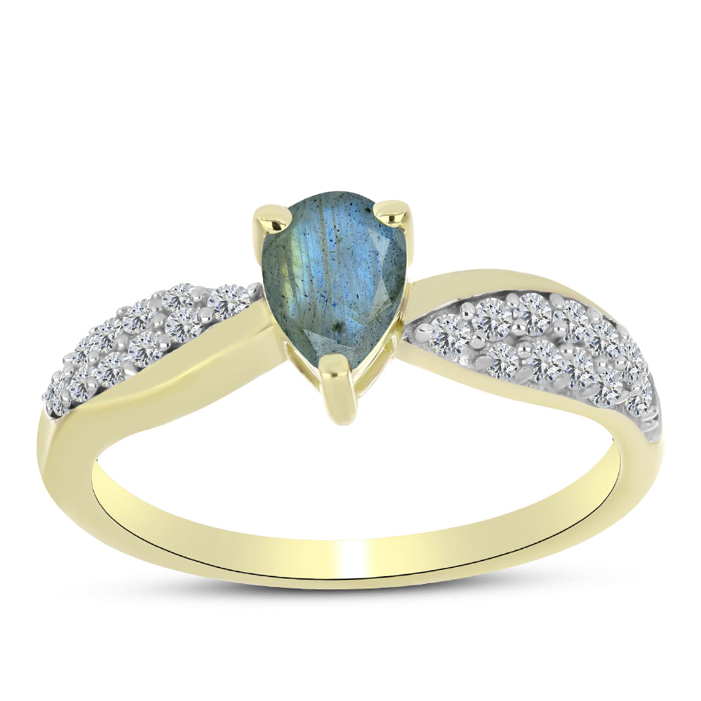 Anillo de Plata Bañada en Oro con Labradorita y Topacio Blanco 3 