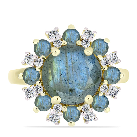 Anillo de Plata Bañada en Oro con Labradorita y Topacio Blanco
