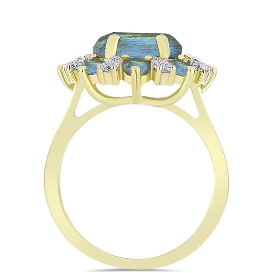 Anillo de Plata Bañada en Oro con Labradorita y Topacio Blanco