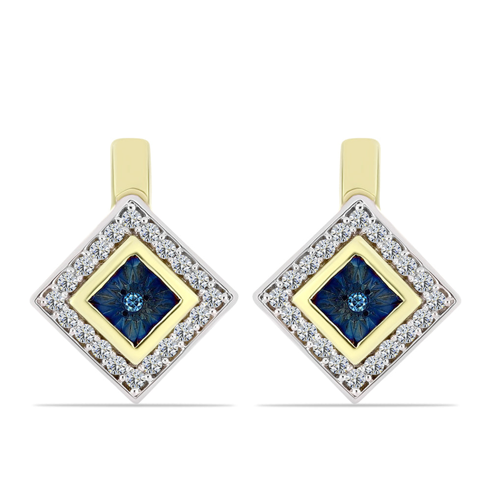 Pendientes de Plata Bañada en Oro con Diamante Azul y Topacio Blanco 3 