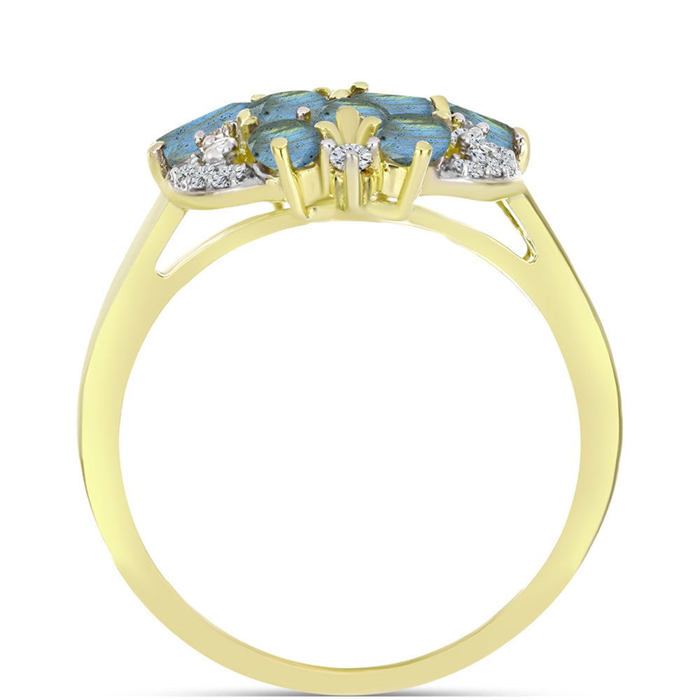 Anillo de Plata Bañada en Oro con Labradorita y Topacio Blanco