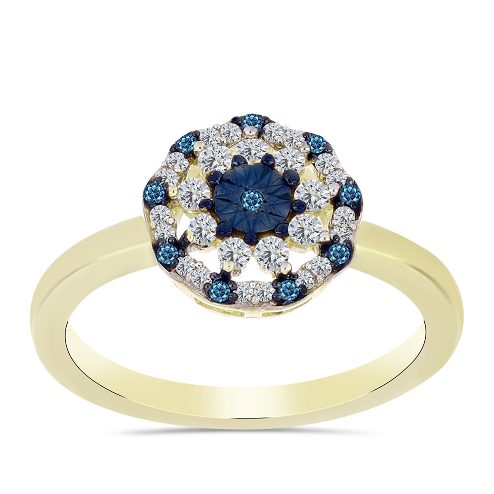 Anillo de Plata Bañada en Oro con Diamante Azul y Topacio Blanco 7 