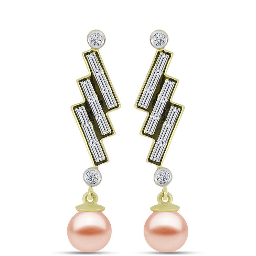 Pendientes de Plata Bañada en Oro con Perla de agua dulce melocotón y Zircón Blanco 1 