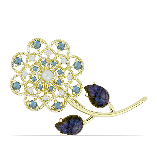 Broche de Plata Bañada en Oro con Labradorita y Perla de Agua Dulce