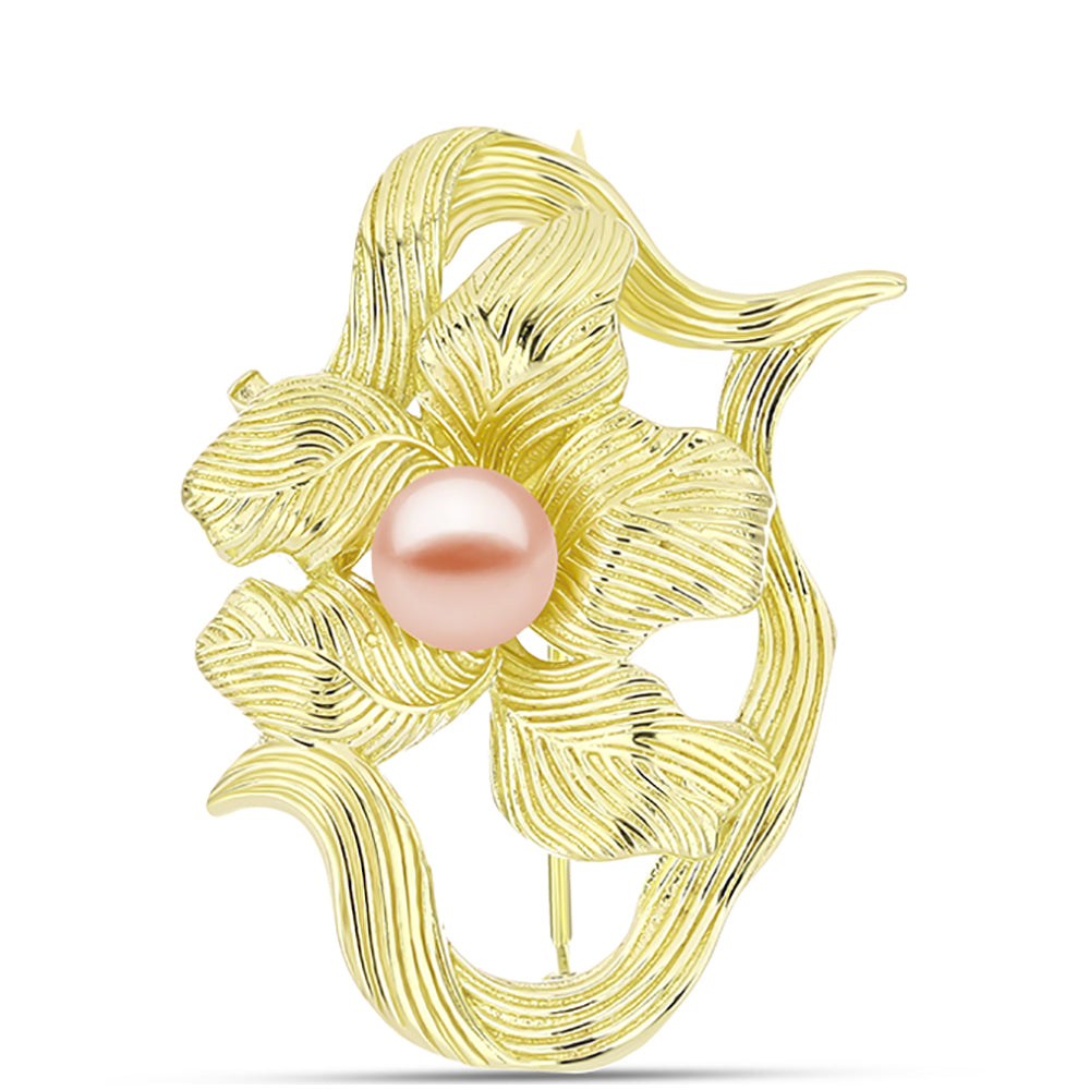 Broche de Plata Bañada en Oro con Perla de agua dulce melocotón