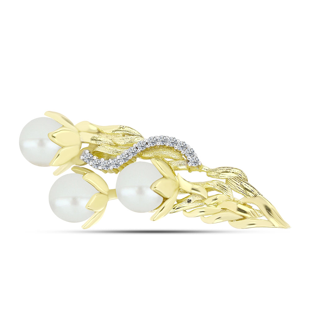 Broche de Plata Bañada en Oro con Perla de Agua Dulce y Topacio Blanco 3 