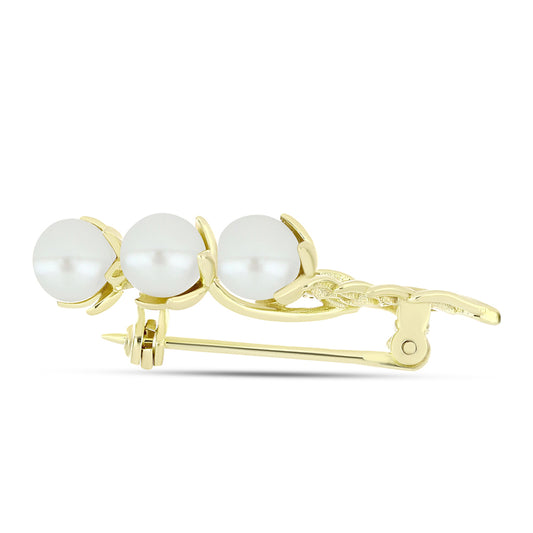 Broche de Plata Bañada en Oro con Perla de Agua Dulce y Topacio Blanco