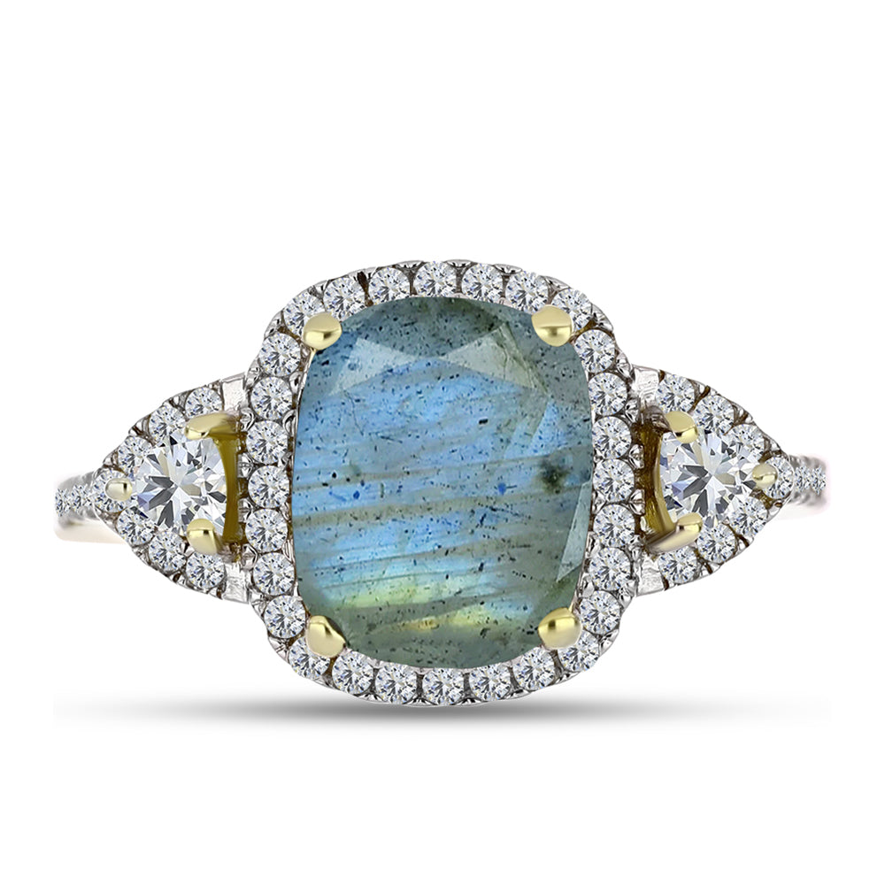 Anillo de Plata Bañada en Oro con Labradorita y Topacio Blanco 5 