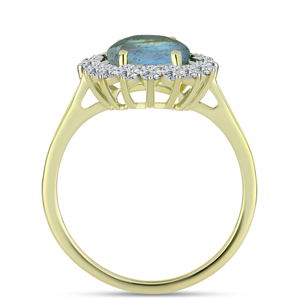 Anillo de Plata Bañada en Oro con Labradorita y Topacio Blanco