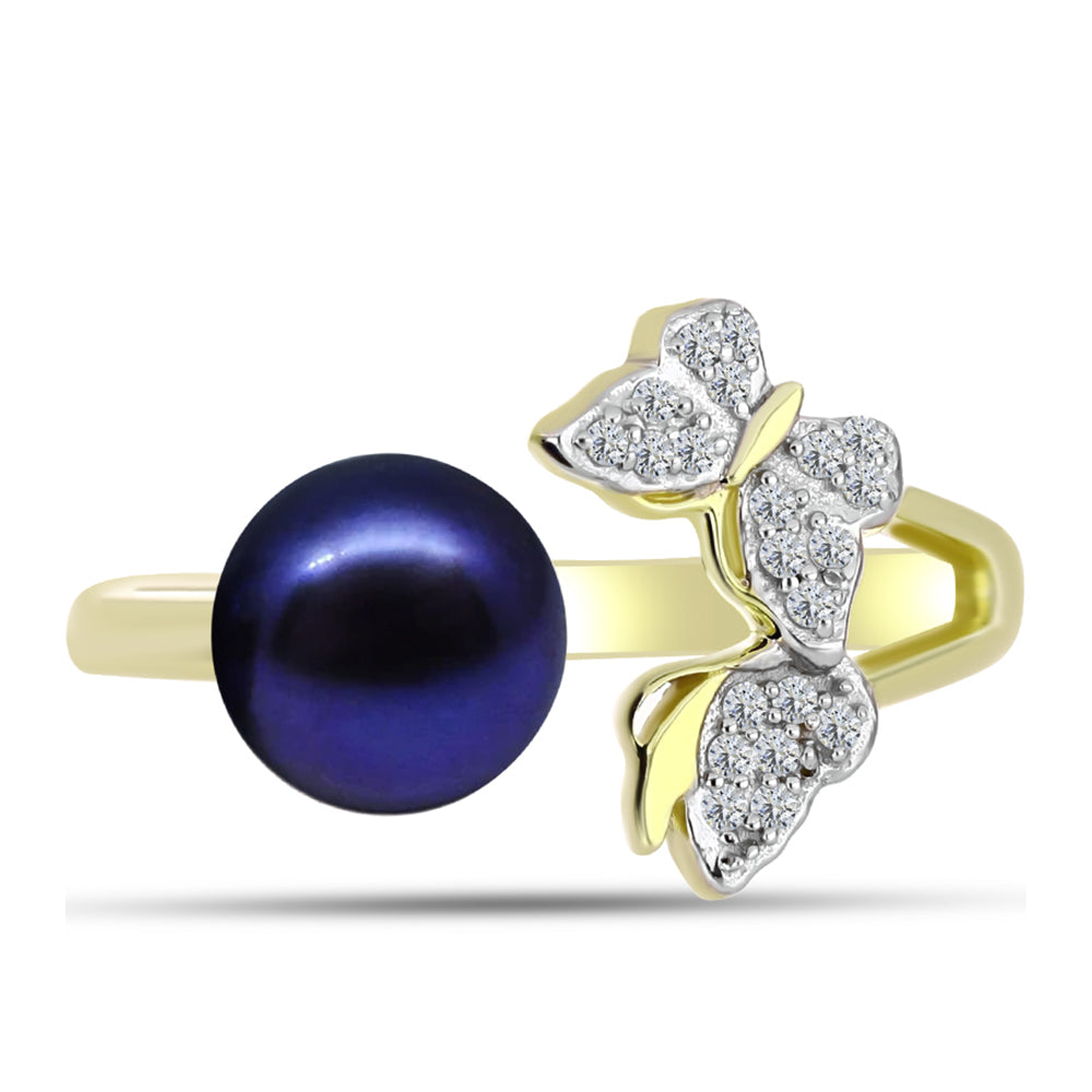 Anillo de Plata Bañada en Oro con Perla de río negra y Topacio Blanco 1 