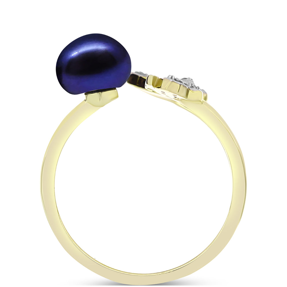 Anillo de Plata Bañada en Oro con Perla de río negra y Topacio Blanco 2 