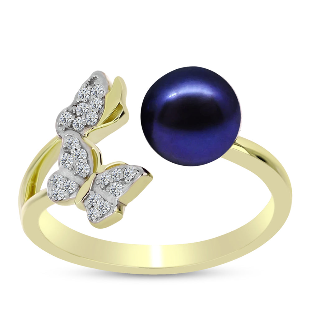 Anillo de Plata Bañada en Oro con Perla de río negra y Topacio Blanco 3 