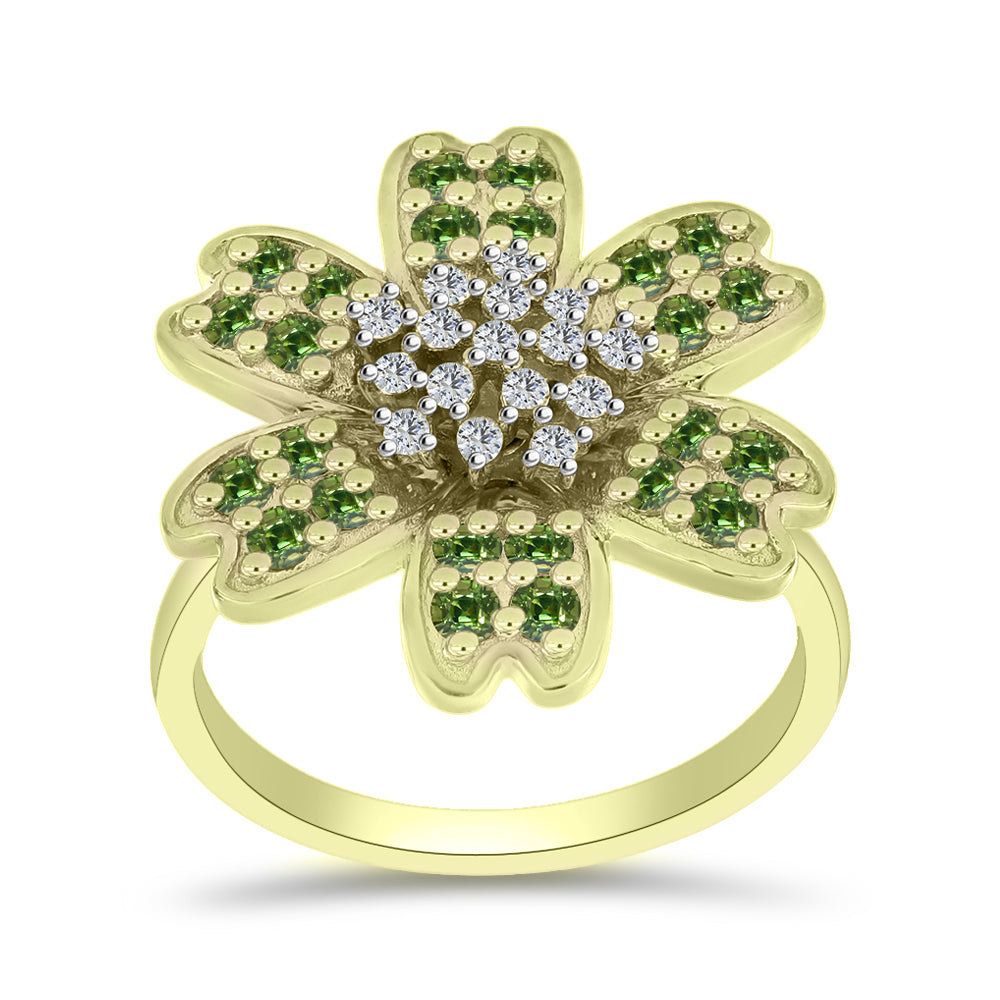 Anillo de Plata Bañada en Oro con Zafiro Verde y Topacio Blanco