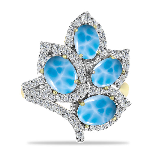 Anillo de Plata Bañada en Oro con Larimar y Topacio Blanco