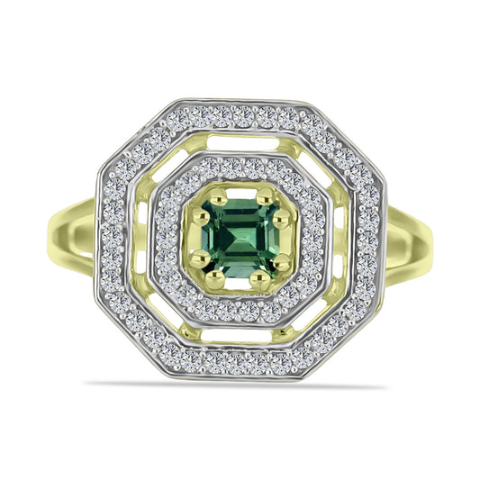 Anillo de Plata Bañada en Oro con Turmalina Verde y Topacio Blanco