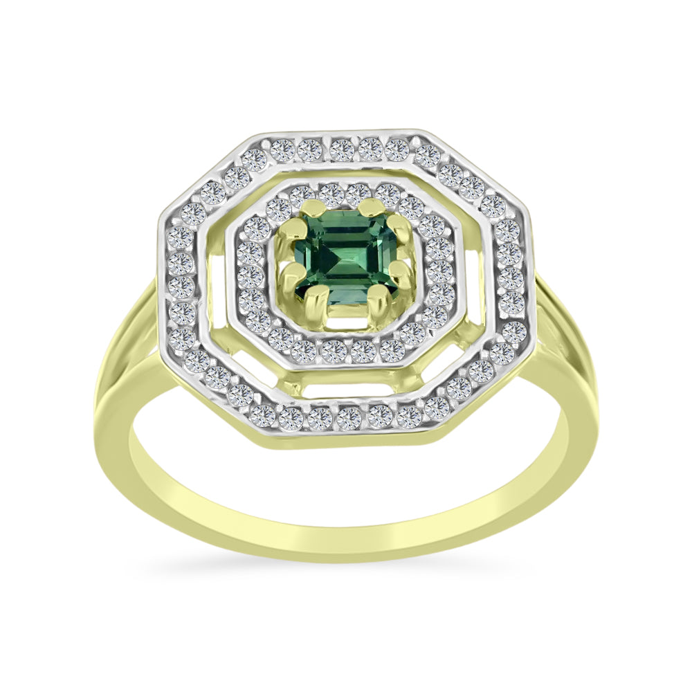 Anillo de Plata Bañada en Oro con Turmalina Verde y Topacio Blanco 3 