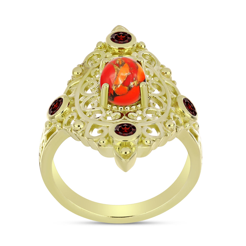 Anillo de Plata Bañada en Oro con Turquesa de Mohave y Granate Barton 3 