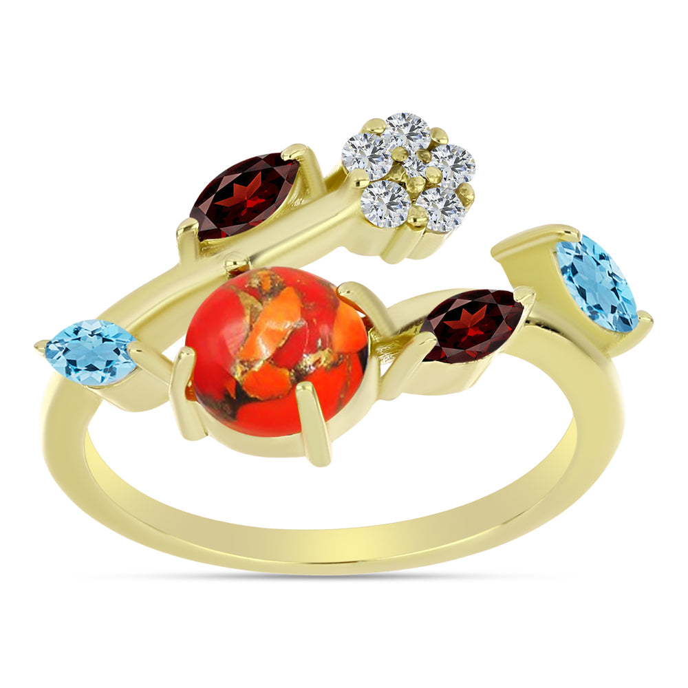 Anillo de Plata Bañada en Oro con Turquesa de Mohave y Granate Barton