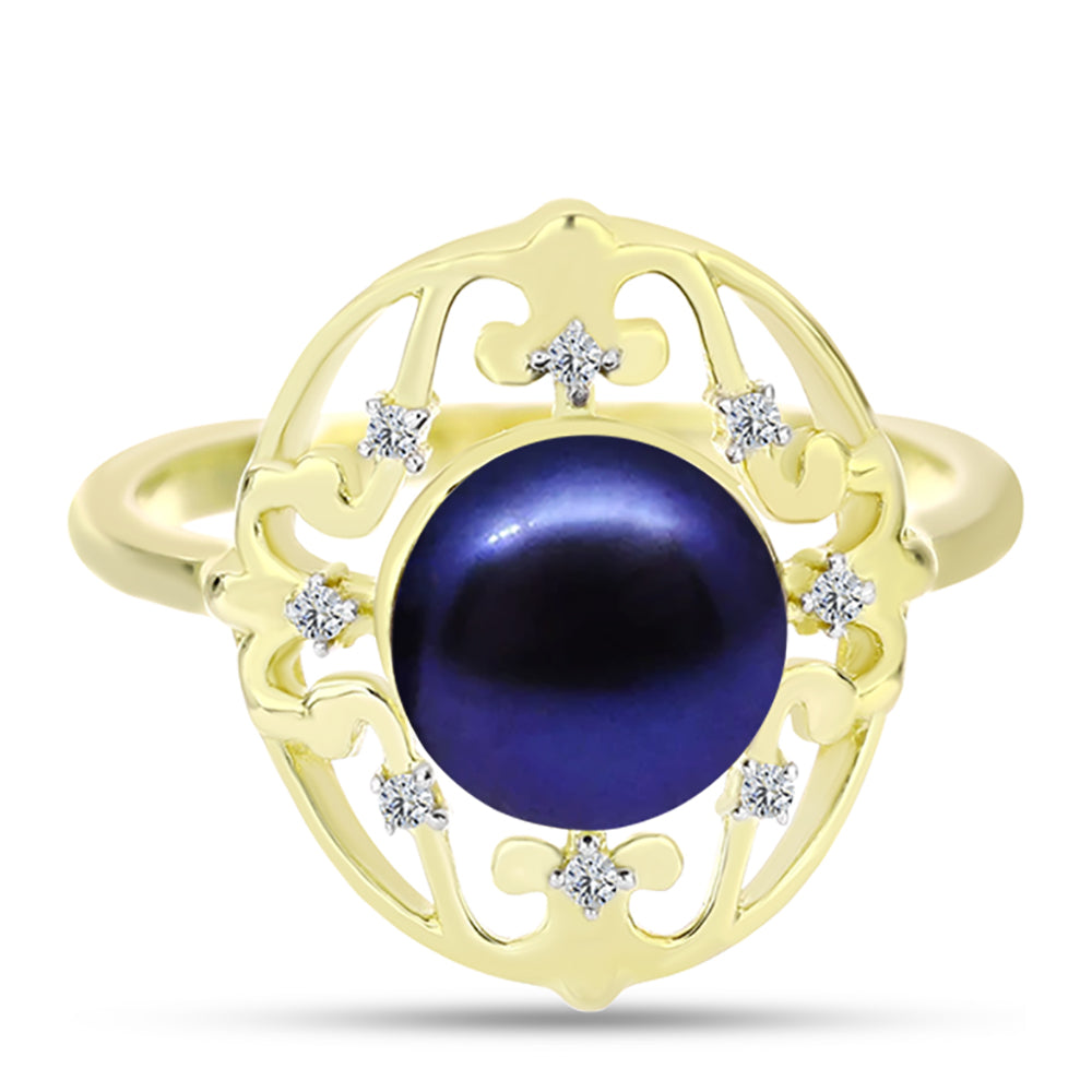 Anillo de Plata Bañada en Oro con Perla Negra de Agua dulce y Topacio Blanco 1 