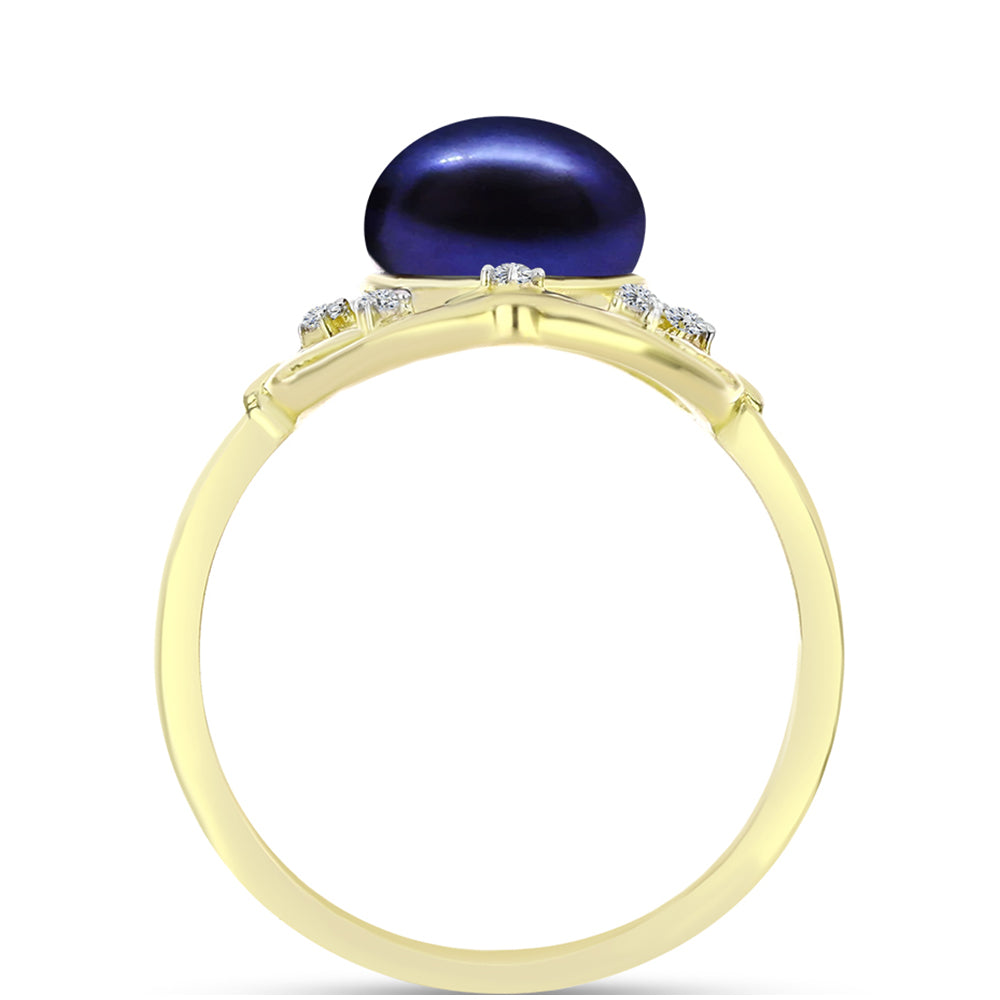 Anillo de Plata Bañada en Oro con Perla Negra de Agua dulce y Topacio Blanco