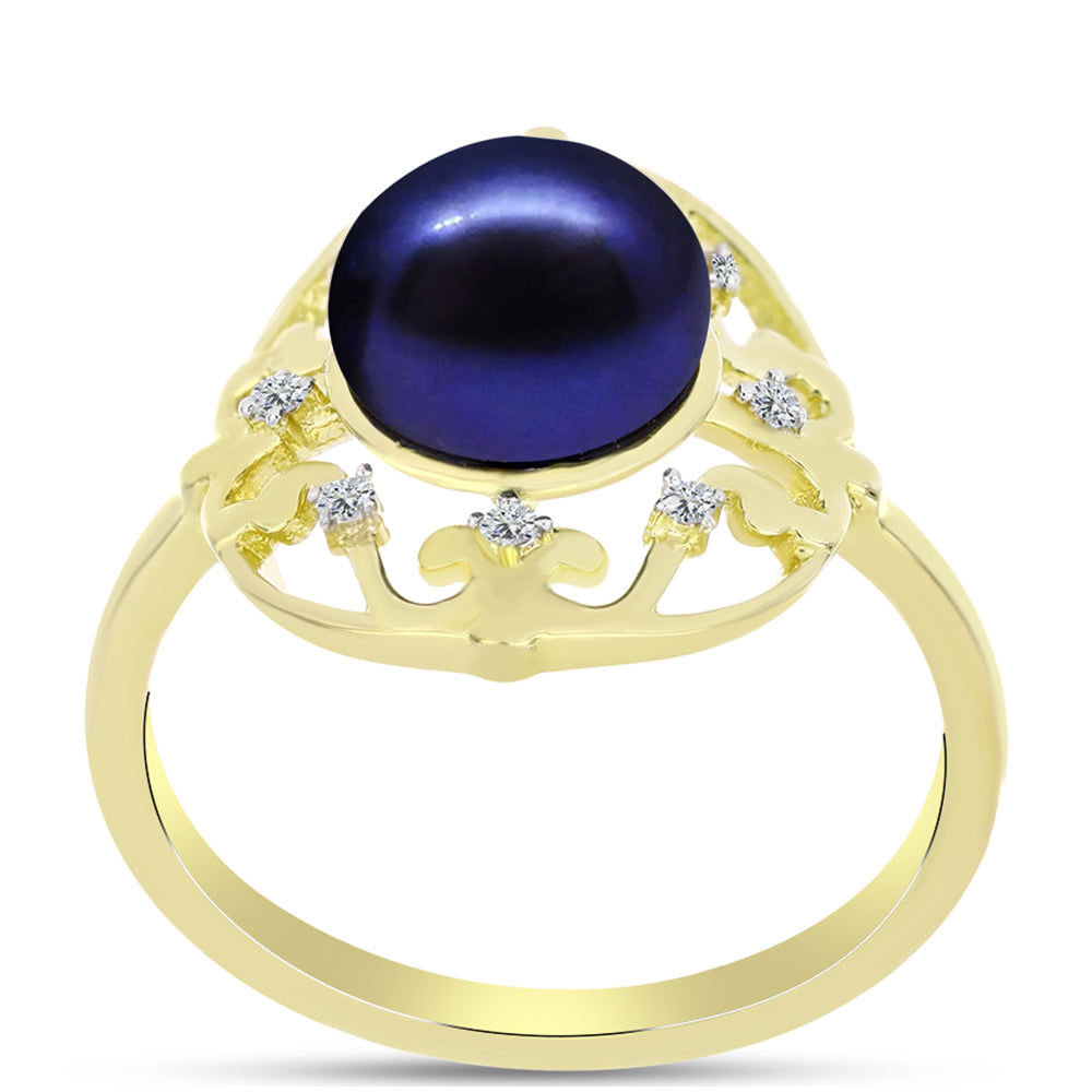Anillo de Plata Bañada en Oro con Perla Negra de Agua dulce y Topacio Blanco