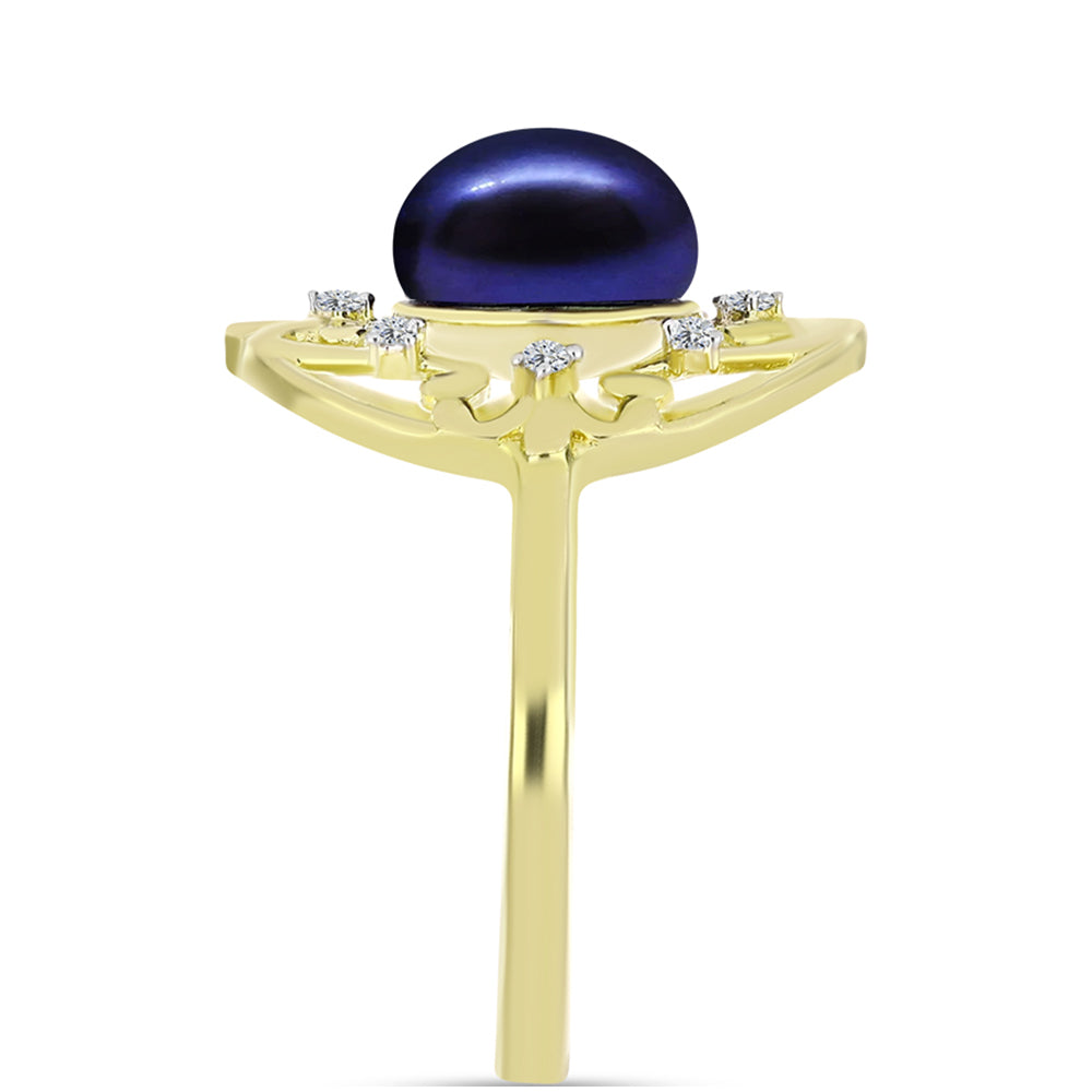 Anillo de Plata Bañada en Oro con Perla Negra de Agua dulce y Topacio Blanco
