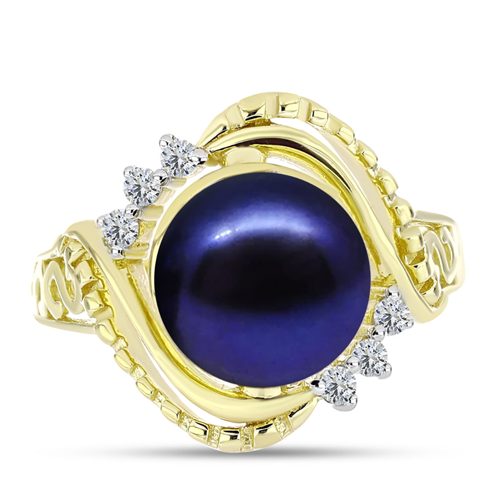Anillo de Plata Bañada en Oro con Perla Negra de Agua dulce y Topacio Blanco 1 