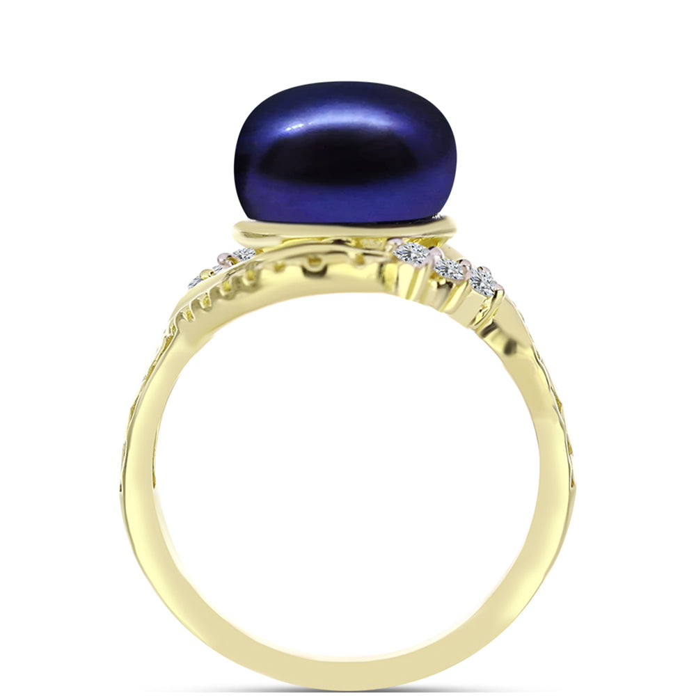 Anillo de Plata Bañada en Oro con Perla Negra de Agua dulce y Topacio Blanco 2 