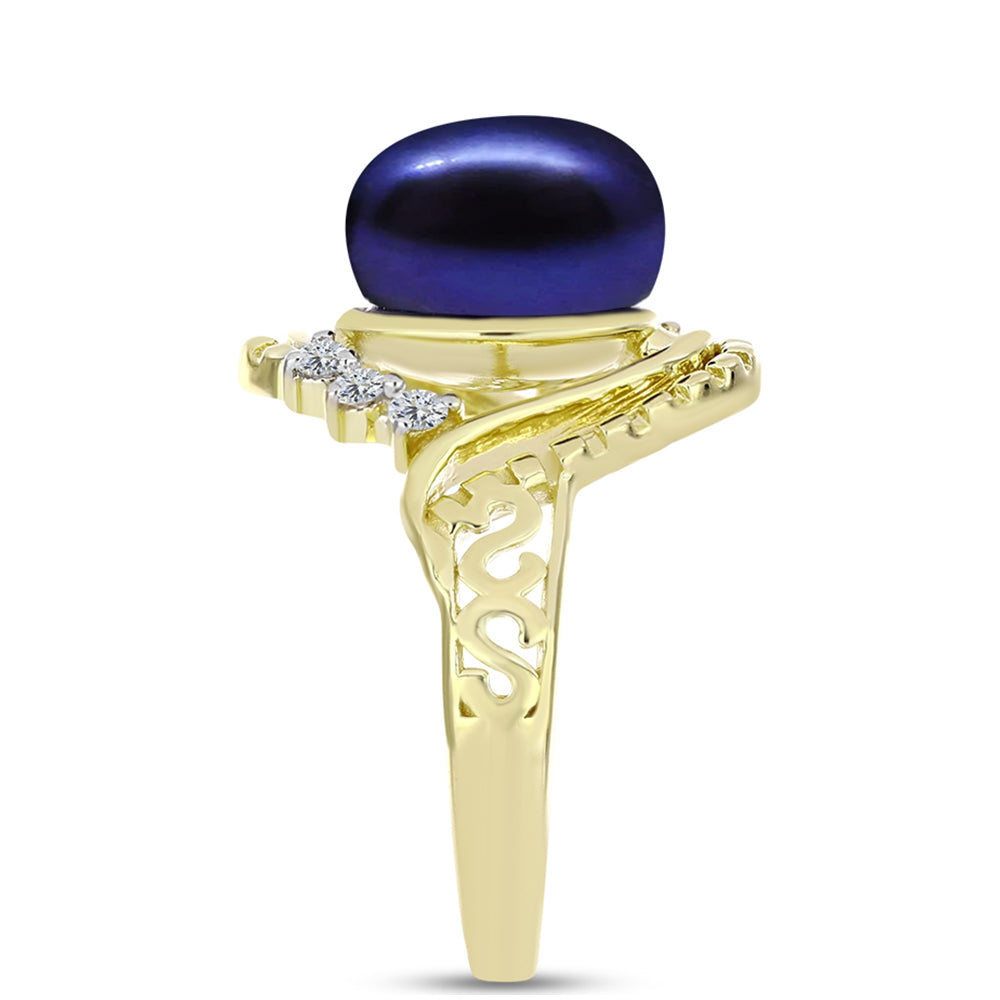 Anillo de Plata Bañada en Oro con Perla Negra de Agua dulce y Topacio Blanco 4 