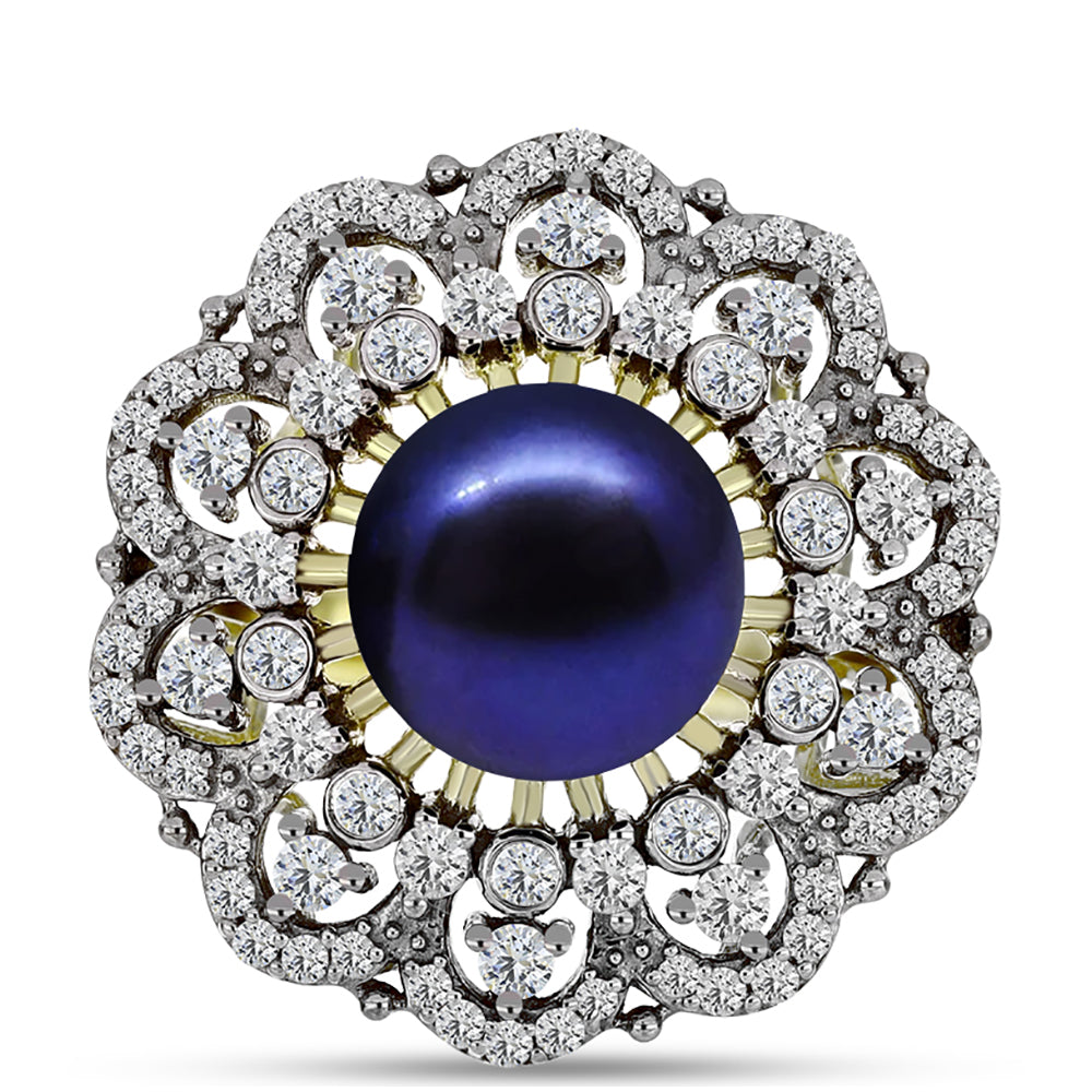 Anillo de Plata Bañada en Oro con Perla Negra de Agua dulce y Topacio Blanco 1 