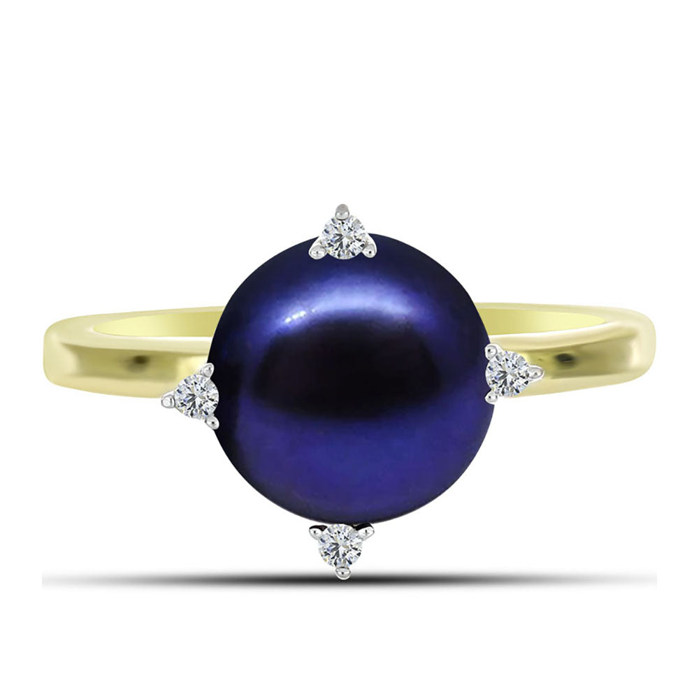 Anillo de Plata Bañada en Oro con Perla Negra de Agua dulce y Topacio Blanco 1 