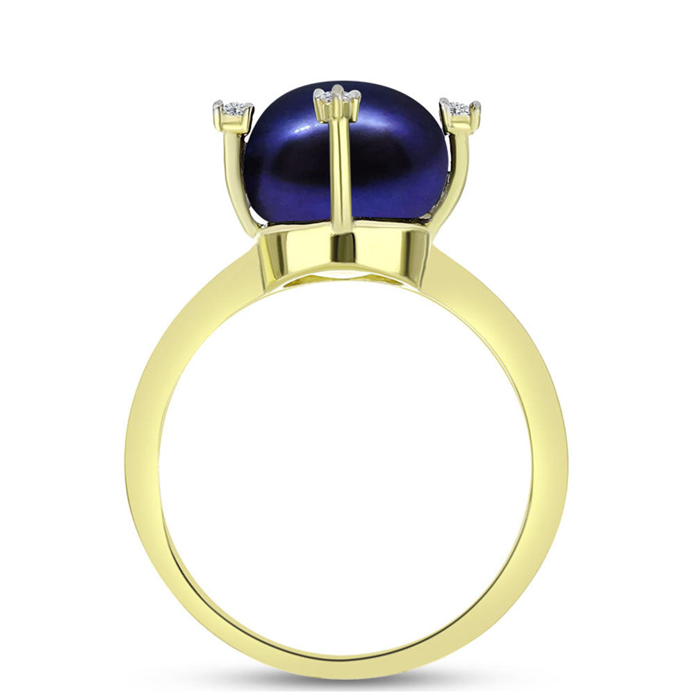 Anillo de Plata Bañada en Oro con Perla Negra de Agua dulce y Topacio Blanco 2 