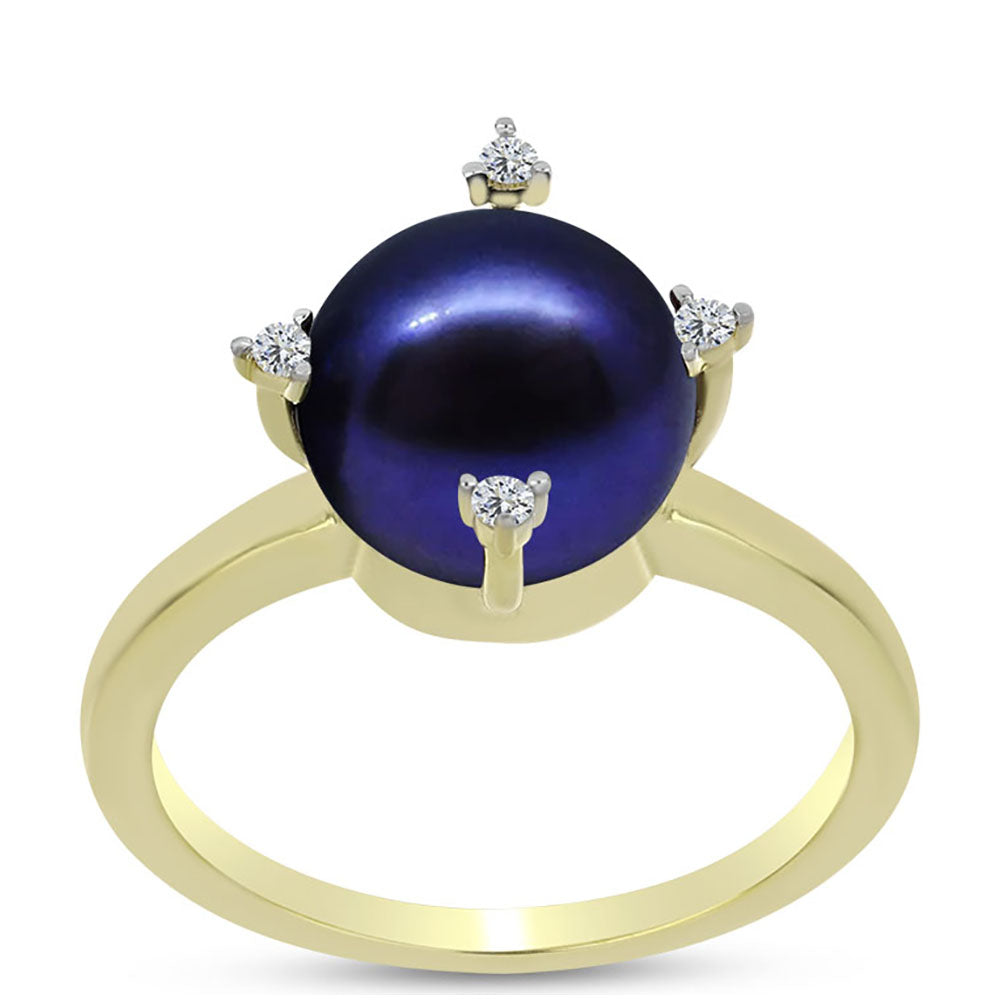 Anillo de Plata Bañada en Oro con Perla Negra de Agua dulce y Topacio Blanco