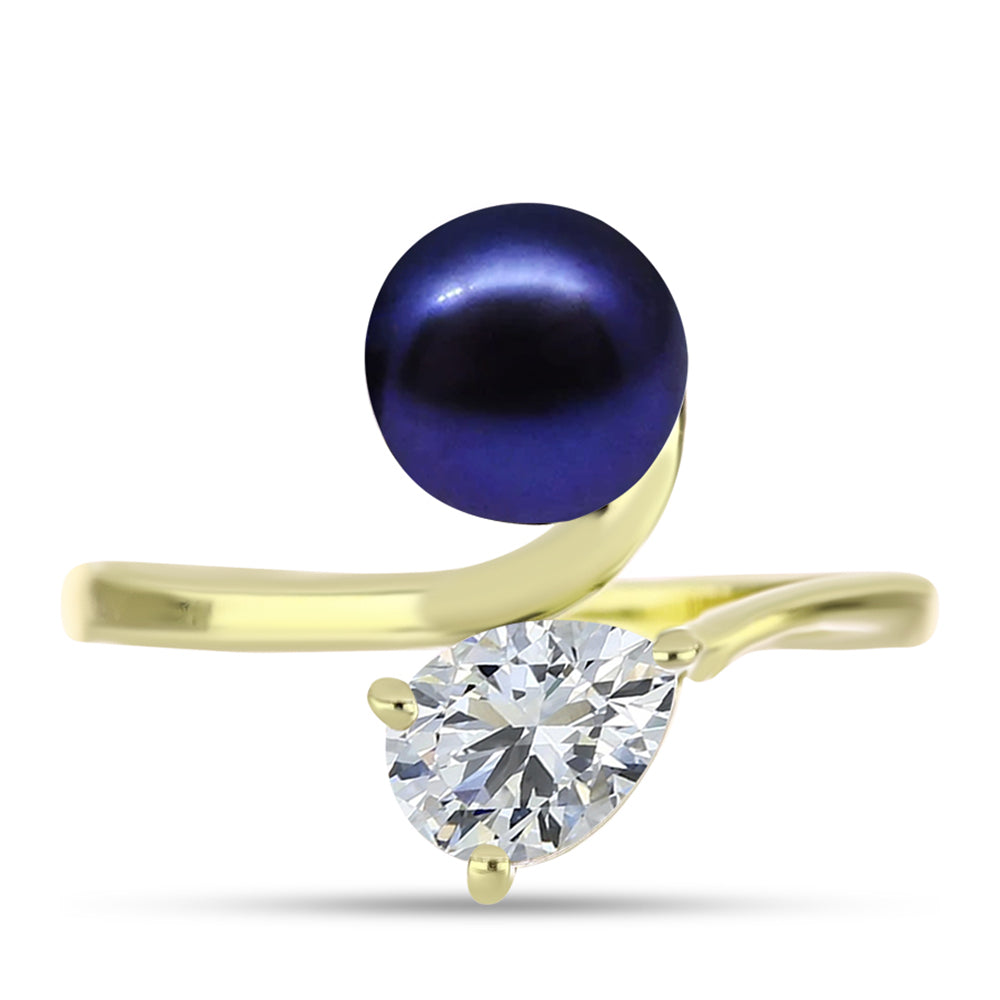Anillo de Plata Bañada en Oro con Perla Negra de Agua dulce y Topacio Blanco 1 