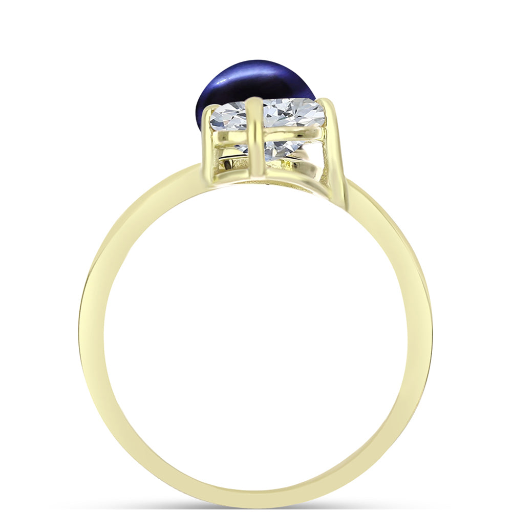 Anillo de Plata Bañada en Oro con Perla Negra de Agua dulce y Topacio Blanco 2 