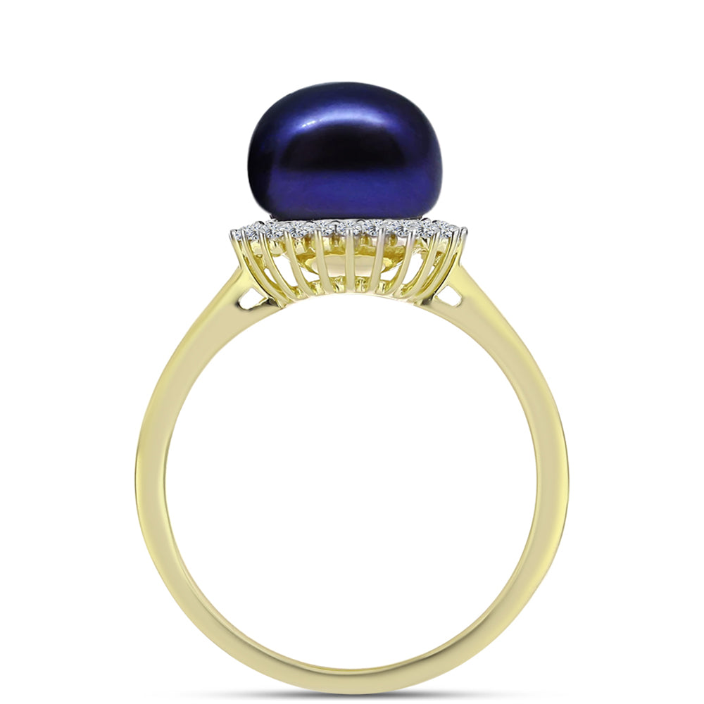 Anillo de Plata Bañada en Oro con Perla Negra de Agua dulce y Topacio Blanco