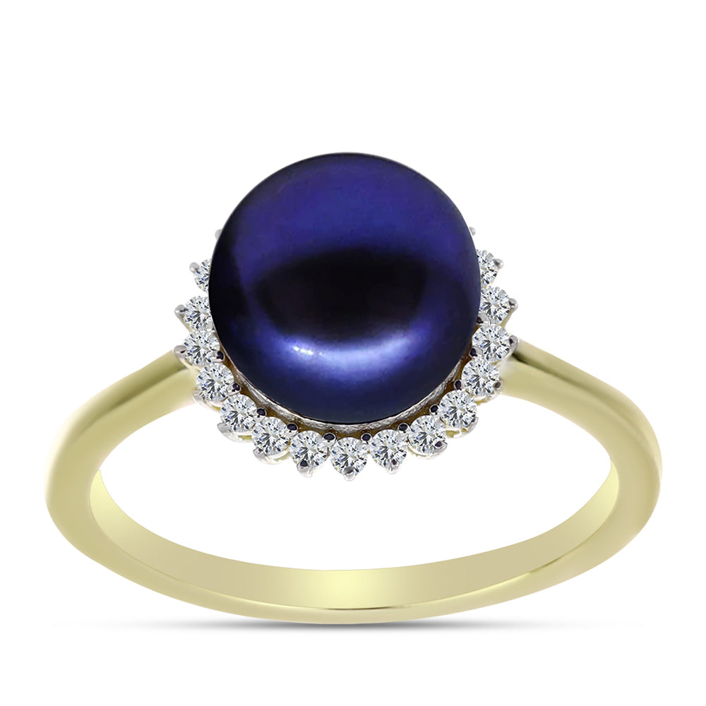 Anillo de Plata Bañada en Oro con Perla Negra de Agua dulce y Topacio Blanco