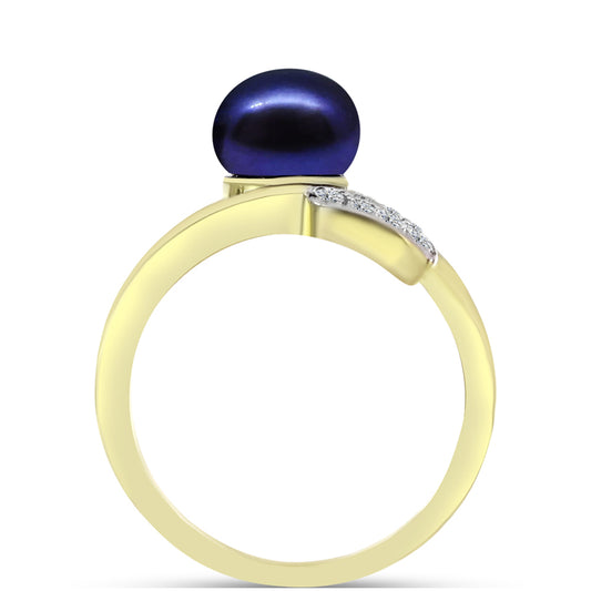 Anillo de Plata Bañada en Oro con Perla Negra de Agua dulce y Topacio Blanco