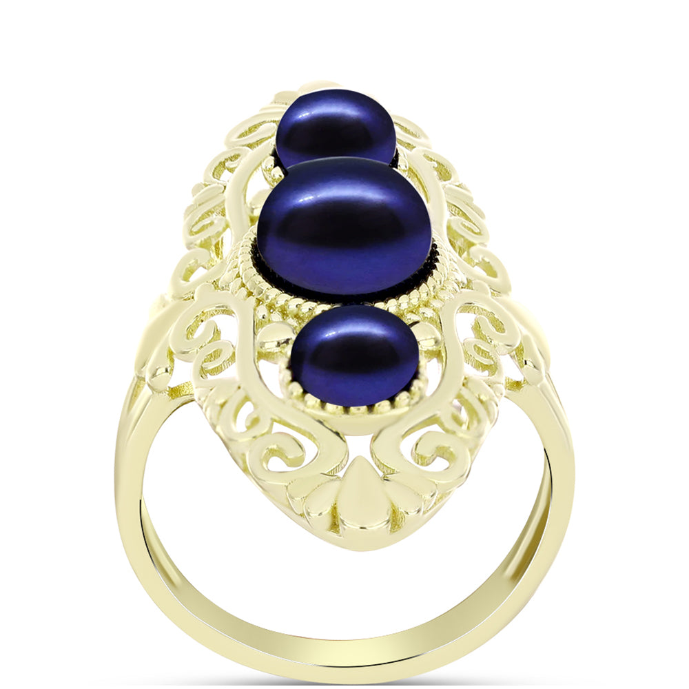 Anillo de Plata Bañada en Oro con Perla Negra de Agua dulce 3 