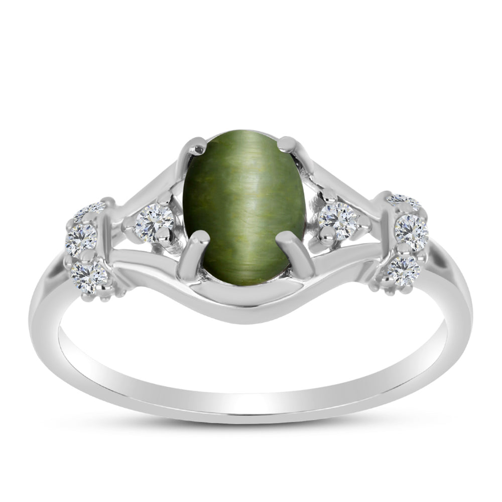 Anillo de Plata con Ojo de Gato Verde de Antananarivo y Topacio Blanco 3 