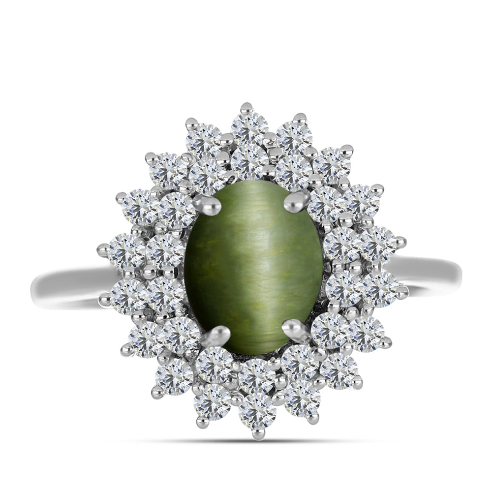 Anillo de Plata con Ojo de Gato Verde de Antananarivo y Topacio Blanco