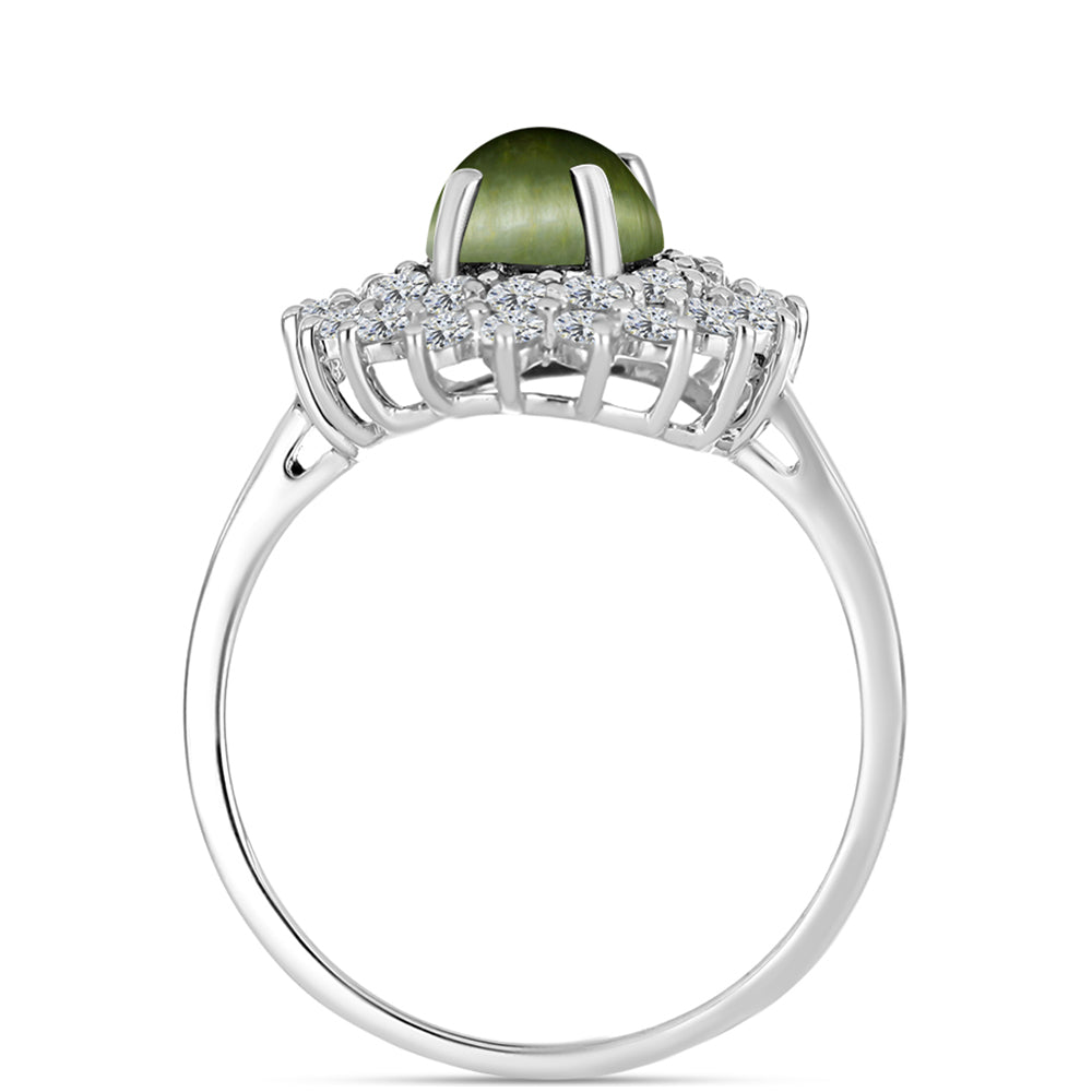 Anillo de Plata con Ojo de Gato Verde de Antananarivo y Topacio Blanco