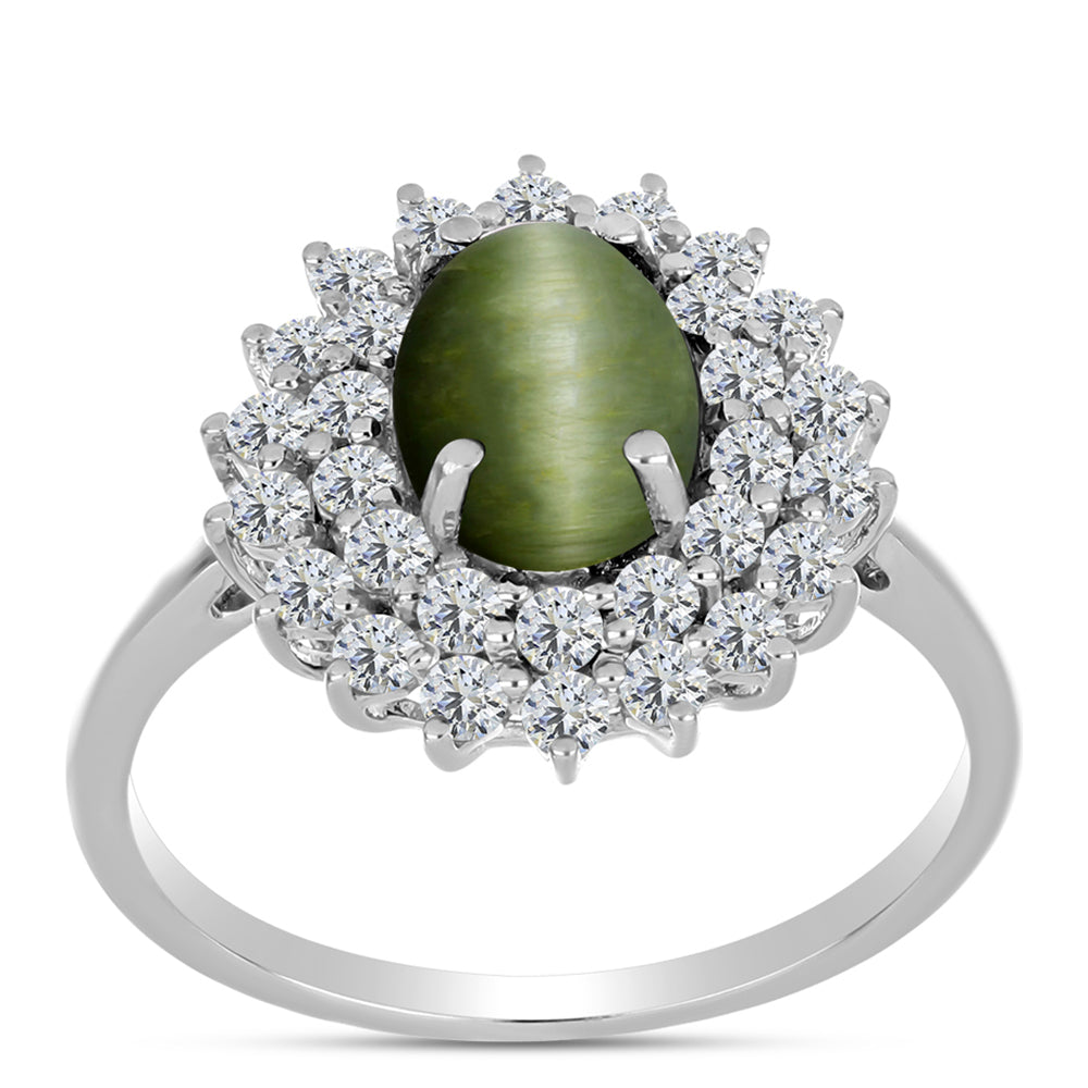 Anillo de Plata con Ojo de Gato Verde de Antananarivo y Topacio Blanco 3 