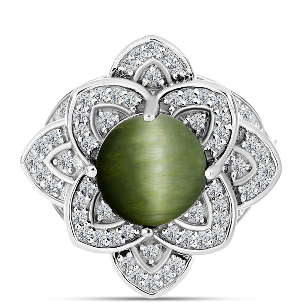 Anillo de Plata con Ojo de Gato Verde de Antananarivo y Topacio Blanco