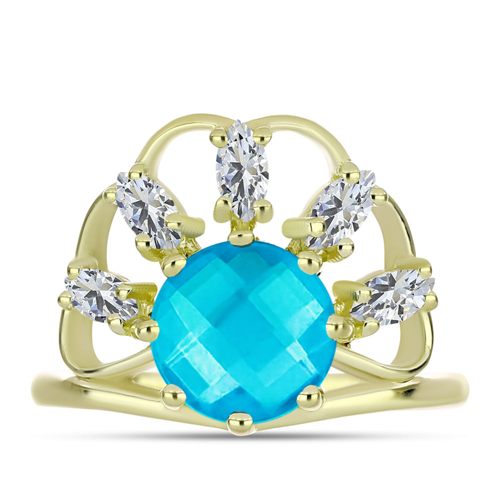 Anillo de Plata Bañada en Oro con Jade Azul y Topacio Blanco 1 