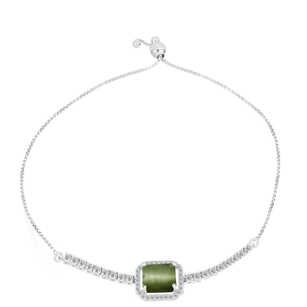 Pulsera de Plata con Ojo de Gato Verde de Antananarivo y Topacio Blanco 1 