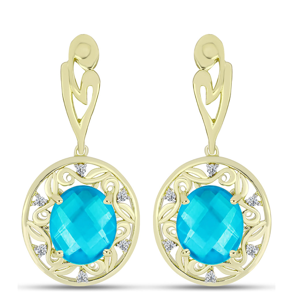 Pendientes de Plata Bañada en Oro con Jade Azul y Topacio Blanco