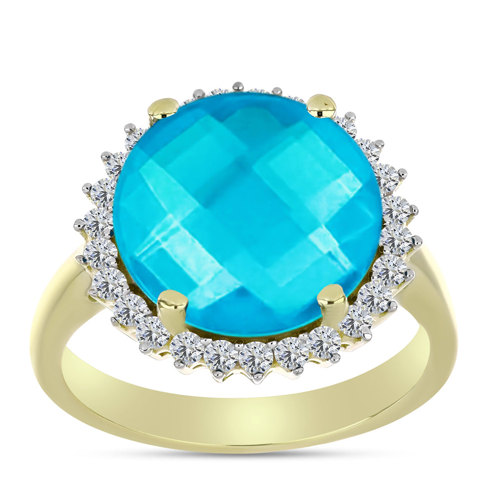 Anillo de Plata Bañada en Oro con Jade Azul y Topacio Blanco