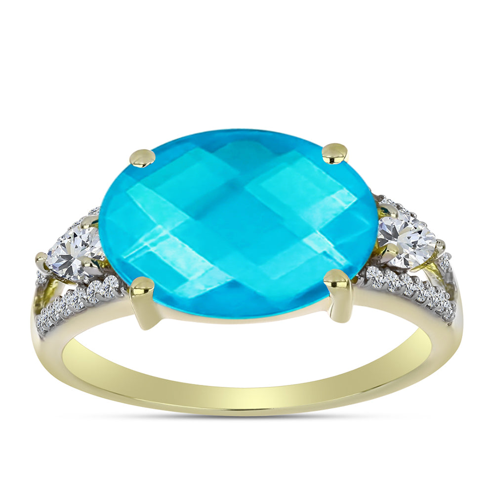 Anillo de Plata Bañada en Oro con Jade Azul y Topacio Blanco 3 